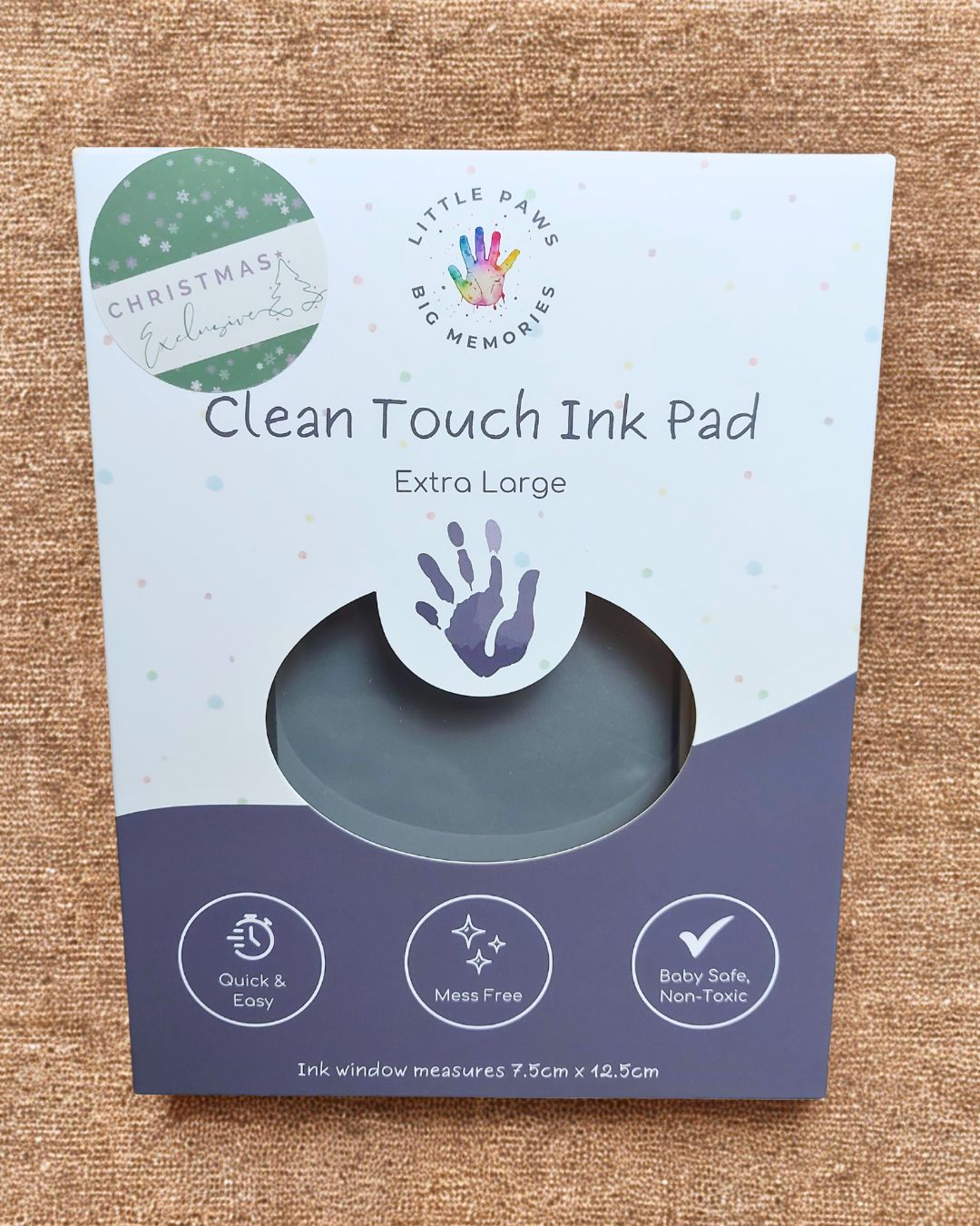 Clean touch ink pad - silver grey in cardboard packaging box. extra large size, quick and easy, mess free, baby safe and non-toxic.