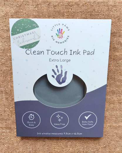 Clean touch ink pad - silver grey in cardboard packaging box. extra large size, quick and easy, mess free, baby safe and non-toxic.