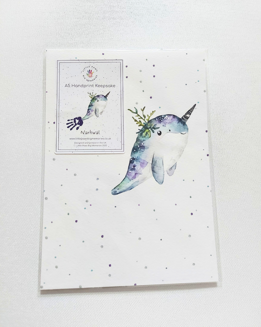 Narhwal A5 Handprint Keepsake Print. In clear cello wallet.
