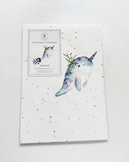 Narhwal A5 Handprint Keepsake Print. In clear cello wallet.