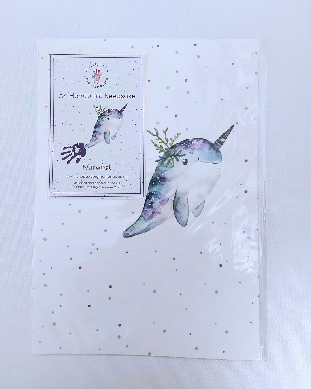 Illustration of narwhal on A4 luxury textured card. With space for baby's handprint.