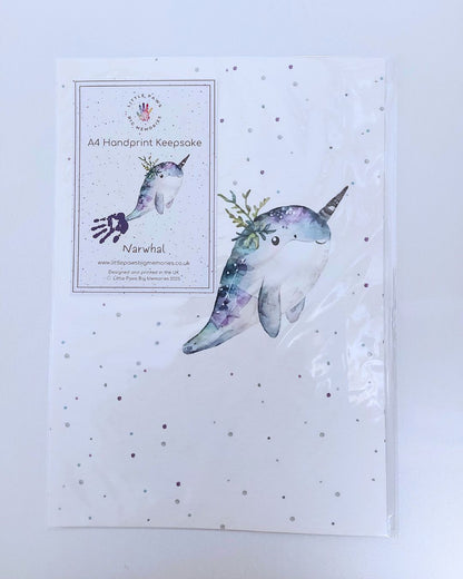Illustration of narwhal on A4 luxury textured card. With space for baby's handprint.