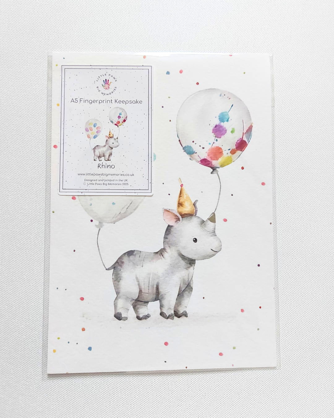 Rhino A5 Fingerprint Keepsake Print. In clear cello wallet.