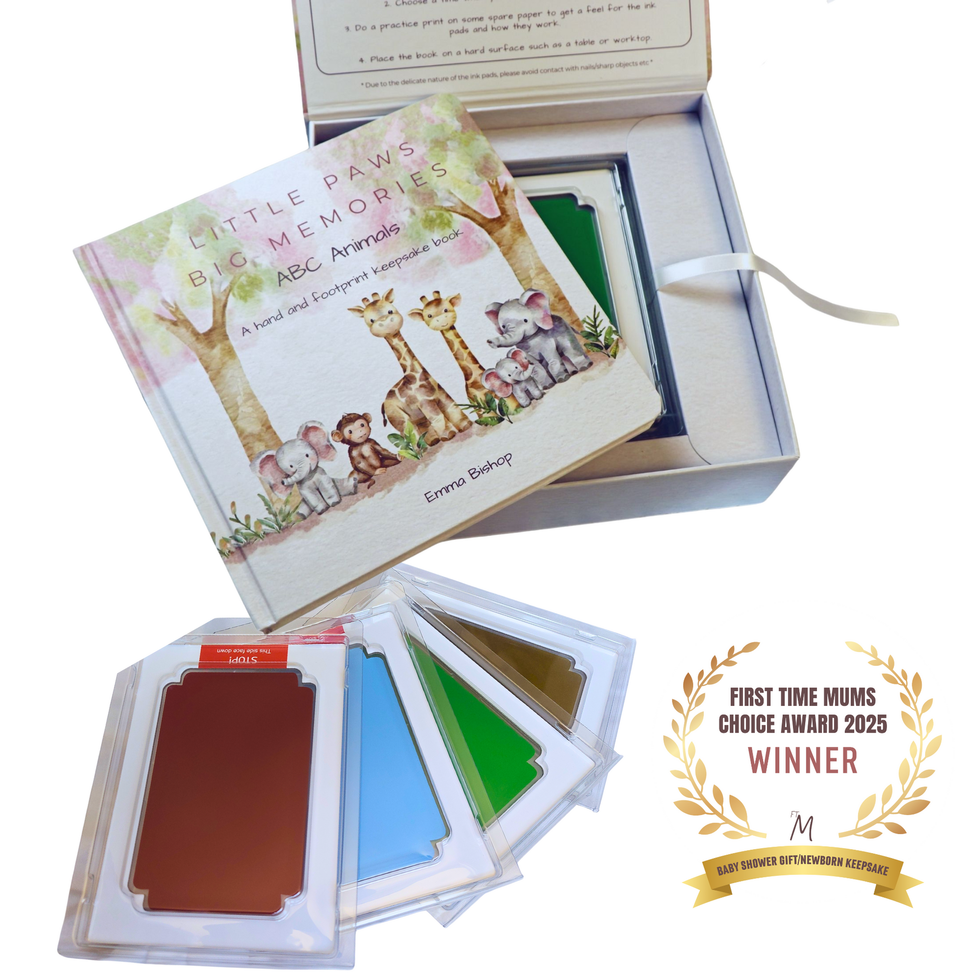 Little Paws Big Memories ABC Animals baby handprint and footprint keepsake memory book starter kit. Newborn baby gift idea, baby shower gift idea. Christening present. New baby present. large clean touch inkless ink pads. First Time Mums UK Choice Award Winner 2025. Best Baby Shower Gift / Newborn Keepsake Award Winners.