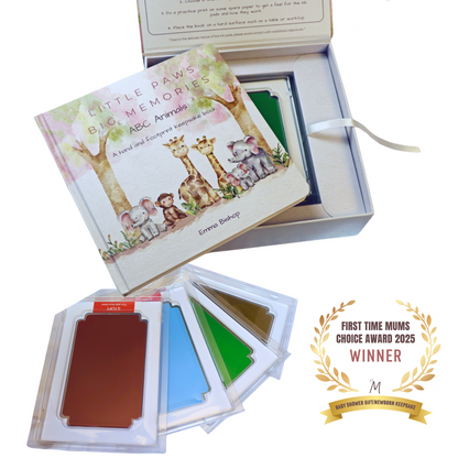 Little Paws Big Memories ABC Animals baby handprint and footprint keepsake memory book starter kit. Newborn baby gift idea, baby shower gift idea. Christening present. New baby present. large clean touch inkless ink pads. First Time Mums UK Choice Award Winner 2025. Best Baby Shower Gift / Newborn Keepsake Award Winners.
