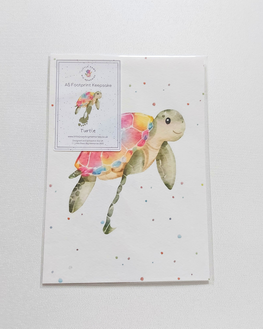 Turtle A5 Footprint Keepsake Print. In clear cello wallet.