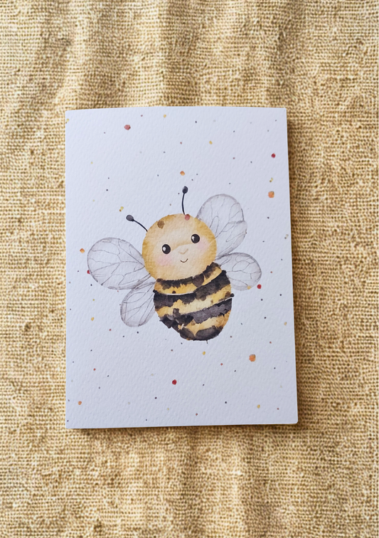 Greetings Card - Watercolour Bee. Blank inside. On plain linen cloth background.