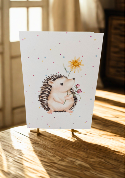 Greetings Card - Watercolour Hedgehog. Blank inside. On wooden table with warm sunlight.