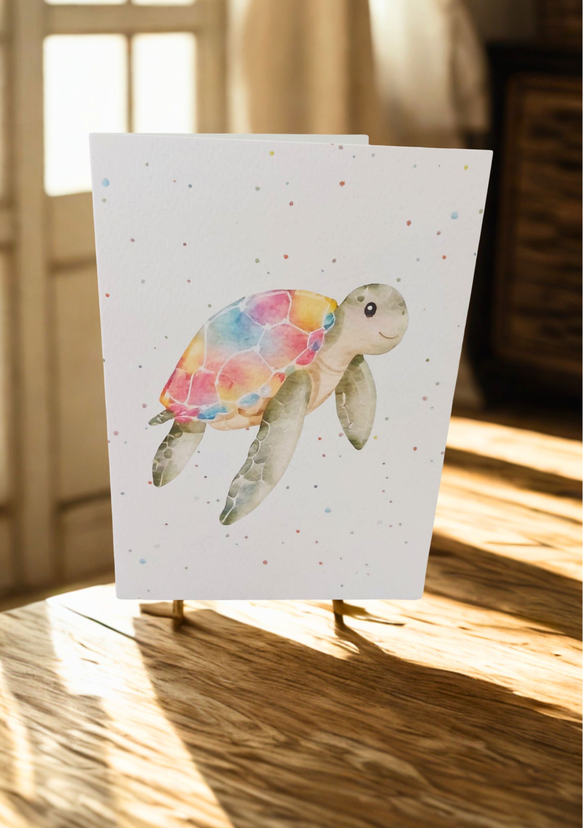 Greetings Card - Watercolour Turtle. Blank inside. On wooden table with warm sunlight.