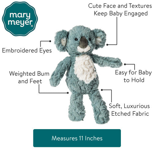 Mary Meyer Putty Koala soft toy plush for babies and newborn on white background infographic. mary meyer putty nursery stuffed animal soft toy 11-inches slate blue koala